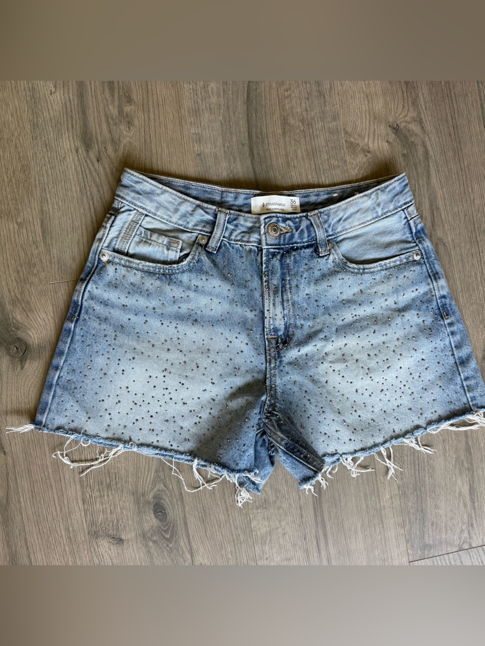 stradivarius Light Blue Distressed Denim Shorts with Stud Details